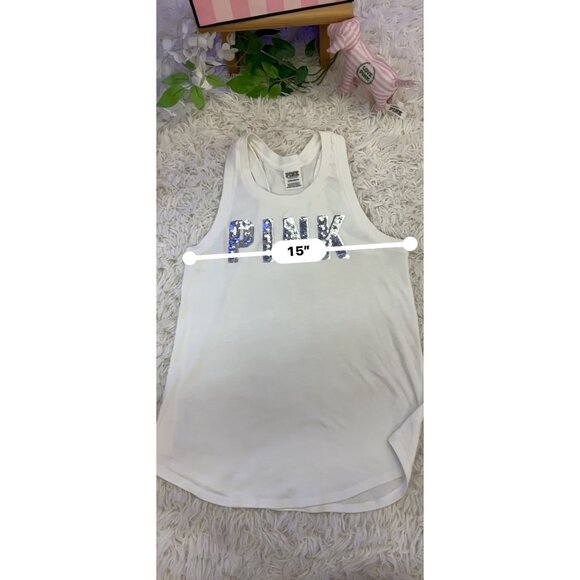 Victorias Secret Pink Silver Sequin Logo White Tank Top XS Glitter Sparkle - Picture 11 of 12